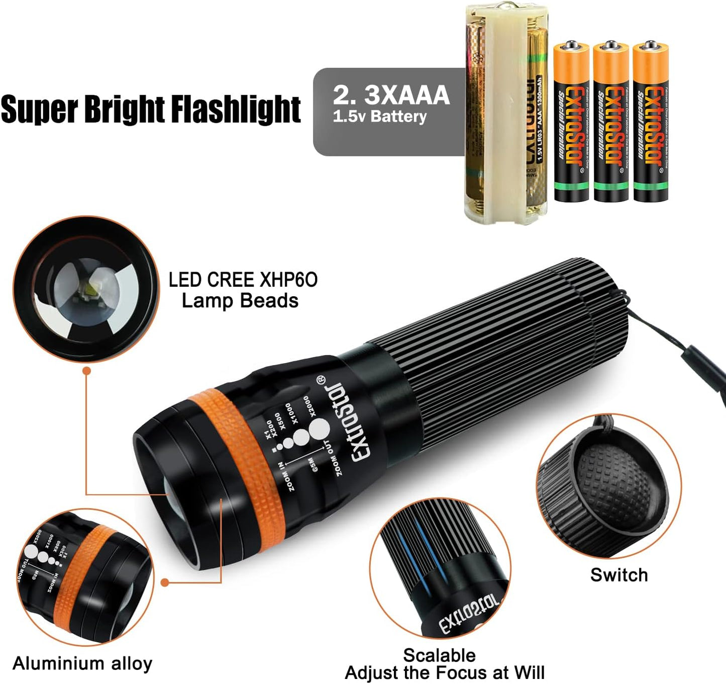 EXTRASTAR LED Torch, LED Handheld Flashlights Battery Powered 5 Lightning Modes, Pocket Size for Camping, Running, Hiking, Outdoor and Indoor
