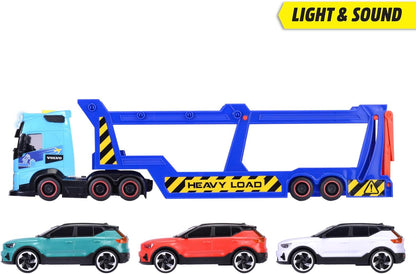 Volvo Truck Transporter Trailer FH16 de 40 cm avec remorque, inclut 3 voitures XC40 Recharge, avec effets sonores et lumineux