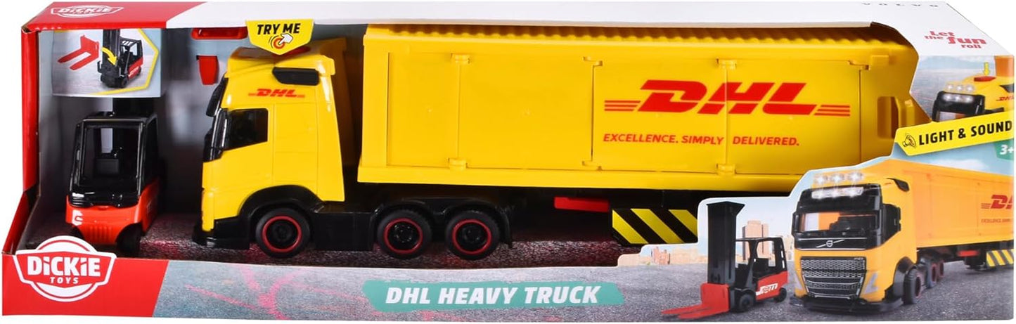 Dickie Toys - Volvo DHL Truck FH16 (35 cm) - Transporteur de colis et courrier pour enfants à partir de 3 ans, ensemble de jouets avec chariot élévateur, accessoires, lumière et son, piles incluses