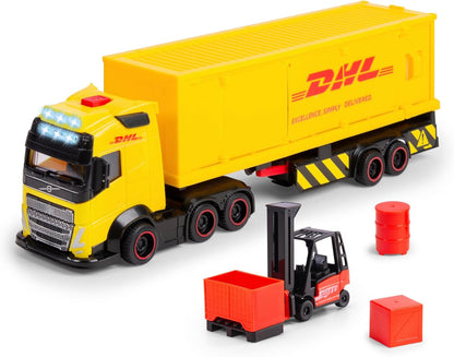 Dickie Toys - Volvo DHL Truck FH16 (35 cm) - Transporteur de colis et courrier pour enfants à partir de 3 ans, ensemble de jouets avec chariot élévateur, accessoires, lumière et son, piles incluses