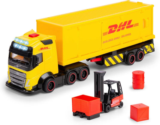 Dickie Toys - Volvo DHL Truck FH16 (35 cm) - Post & Parcel Transporter for Children from 3 Years, Toy Car Set with Forklift, Accessories, Light & Sound, Includes Batteries
