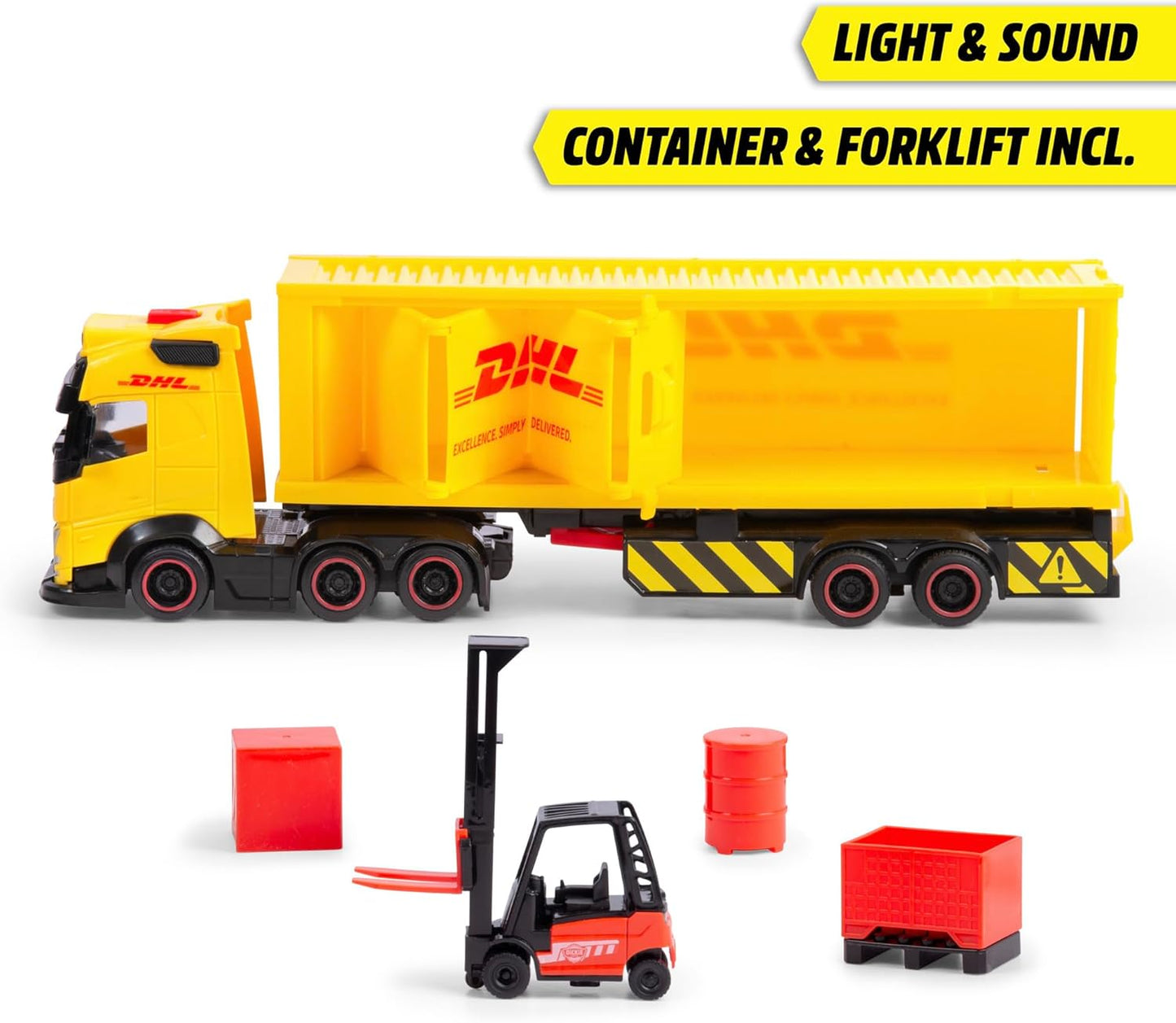 Dickie Toys - Volvo DHL Truck FH16 (35 cm) - Transporteur de colis et courrier pour enfants à partir de 3 ans, ensemble de jouets avec chariot élévateur, accessoires, lumière et son, piles incluses