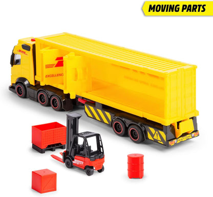 Dickie Toys - Volvo DHL Truck FH16 (35 cm) - Transporteur de colis et courrier pour enfants à partir de 3 ans, ensemble de jouets avec chariot élévateur, accessoires, lumière et son, piles incluses