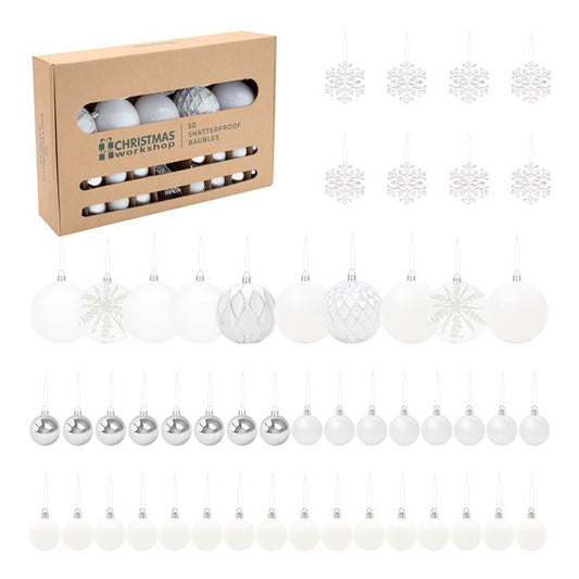 50 boules de Noël incassables - Blanc - EN BOÎTE-FENÊTRE