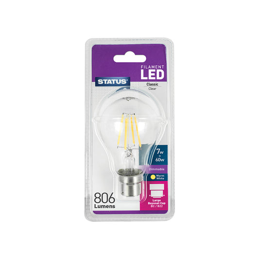 7w = 60w = 806 lumens - Dimmable - Filament LED - GLS - BC - Clear - Warm White - 1 pk - in a Clam Shell - in White CDU