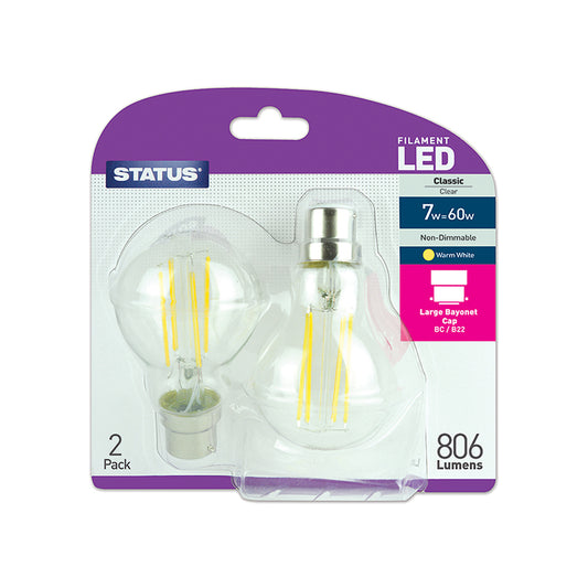 7w = 60w = 806 lumens - Filament LED - A60 GLS - BC - Clear - Warm White - 2 pk