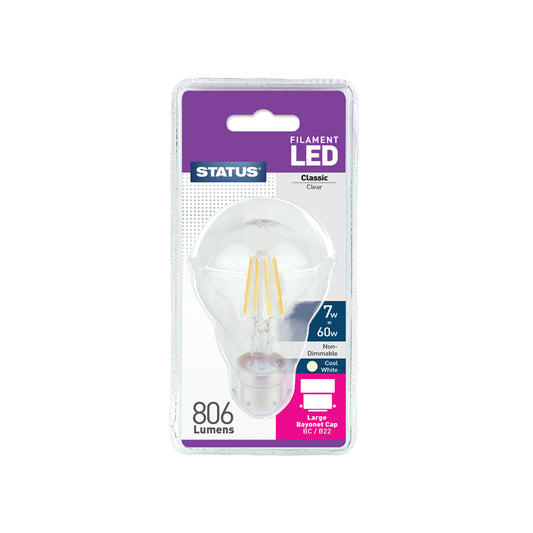 7w = 60w = 806 lumens -Filament LED - A60 GLS - BC - Clear - Cool White - 1 pk