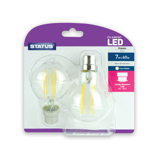 7w = 60w = 806 lumens - Filament LED - GLS - BC - Clear - Cool White - 2 pk