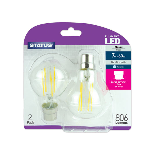 7w = 60w = 806 lumens- Filament LED - GLS - BC - Clear - Day Light - 2 pk