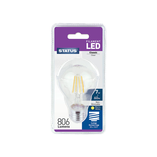 7w = 60w = 806 lumens - Filament LED - A60 GLS - ES - Clear - Warm White