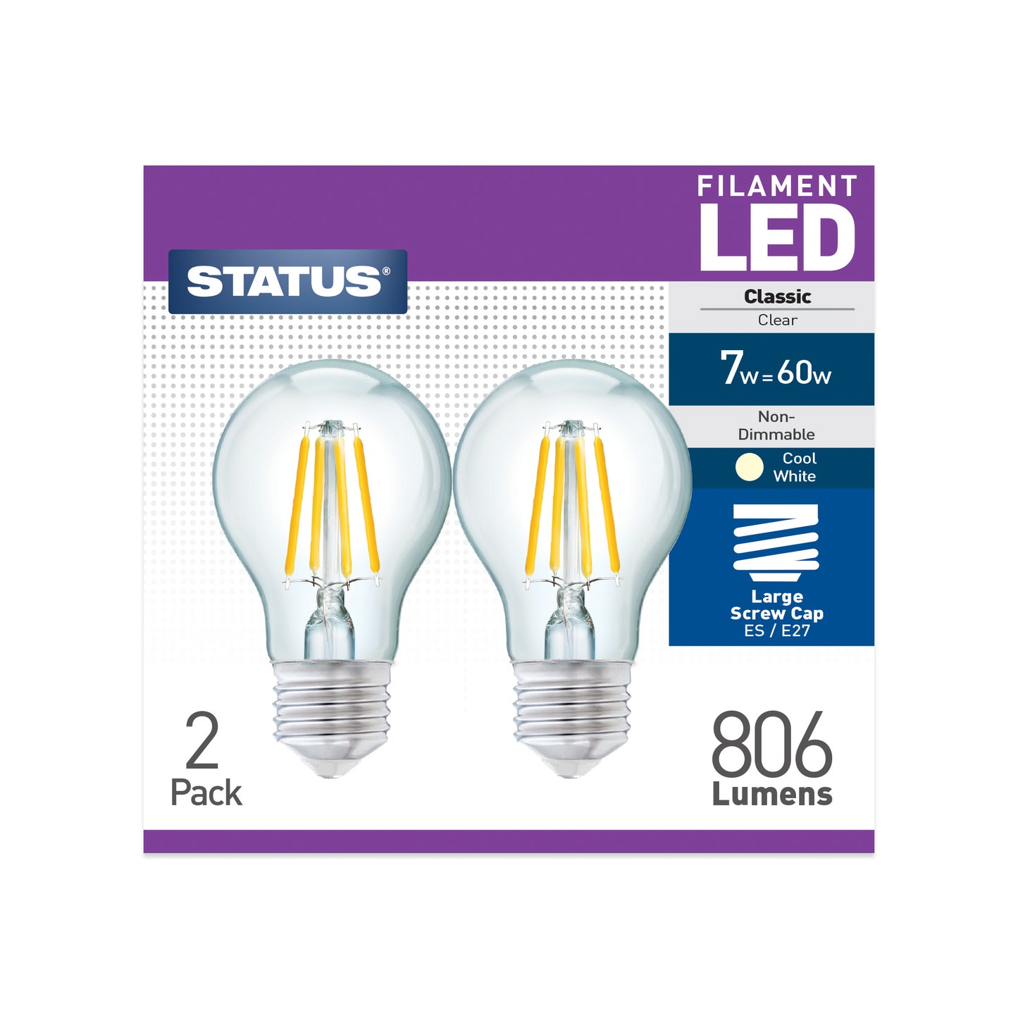 7w = 60w = 806 lumens - Filament LED - A60 GLS - ES - Clear - Cool White- 2 pk box