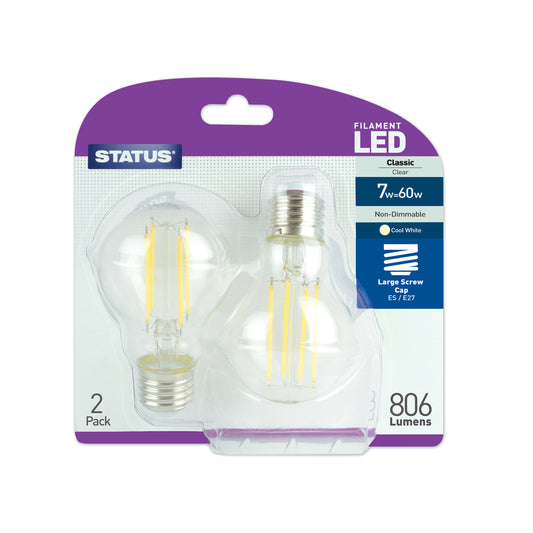7w = 60w = 806 lumens - Filament LED - GLS - ES - Clear - Cool White - 2 pk