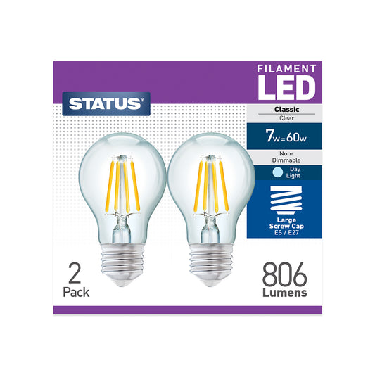 7w = 60w = 806 lumens - Filament LED - A60 GLS - ES - Clear - Day Light - 2 pk box