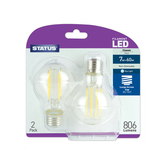 7w = 60w = 806 lumens -Filament LED - GLS - ES - Clear - Day Light - 2 pk