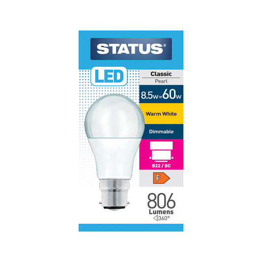 8,5 W = 60 W = 806 lumens - LED à intensité variable - GLS - B22 - PA - Perle - Blanc chaud - Boîte de 1