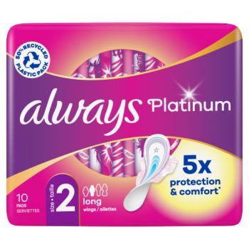 Serviettes hygiéniques Always Platinum Long (Taille 2) avec ailettes 10 serviettes