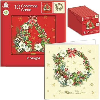 Giftmaker Pack 10 Square Christmas Cards Family Friends 2 Designs Wreaths