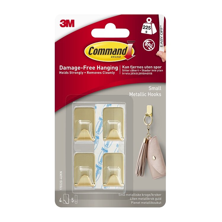 Crochets métalliques dorés Command petits 17032BR-4, paquet de 4