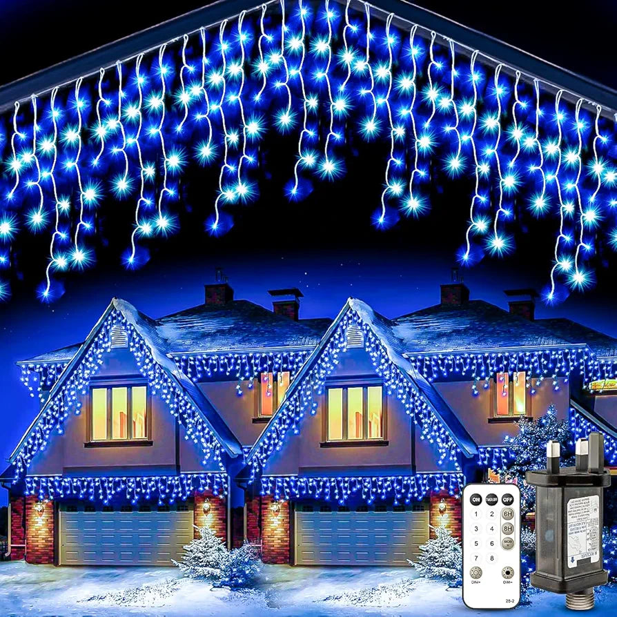 Guirlande Lumineuse Noël Glaçons Extérieur 10M - Lumières Féériques à Brancher Blanc Froid & Bleu Connectables Étanche LED Glaçons Lumineux Alimentation Secteur avec 8 Modes & Télécommande Minuteur pour Fenêtre Jardin Fête