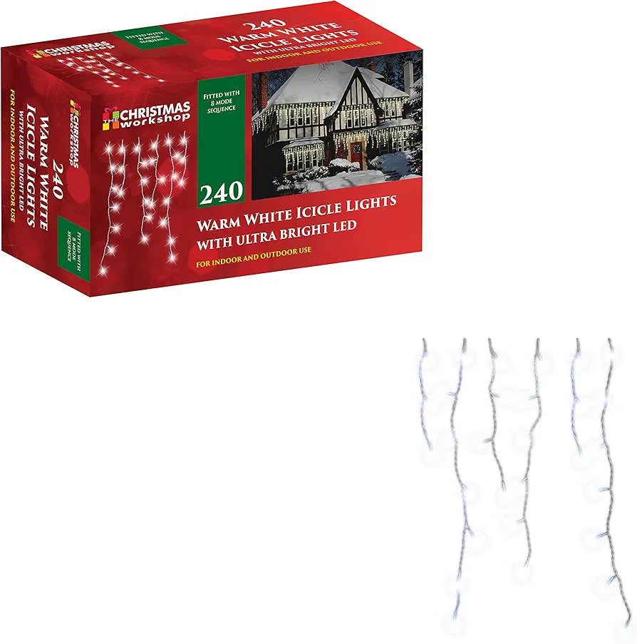 The Christmas Workshop Warm White Icicle LED Christmas Lights/Mains Powered with 8 Functions/Indoor or Outdoor Fairy Lights for Home, Weddings and Gardens (240)