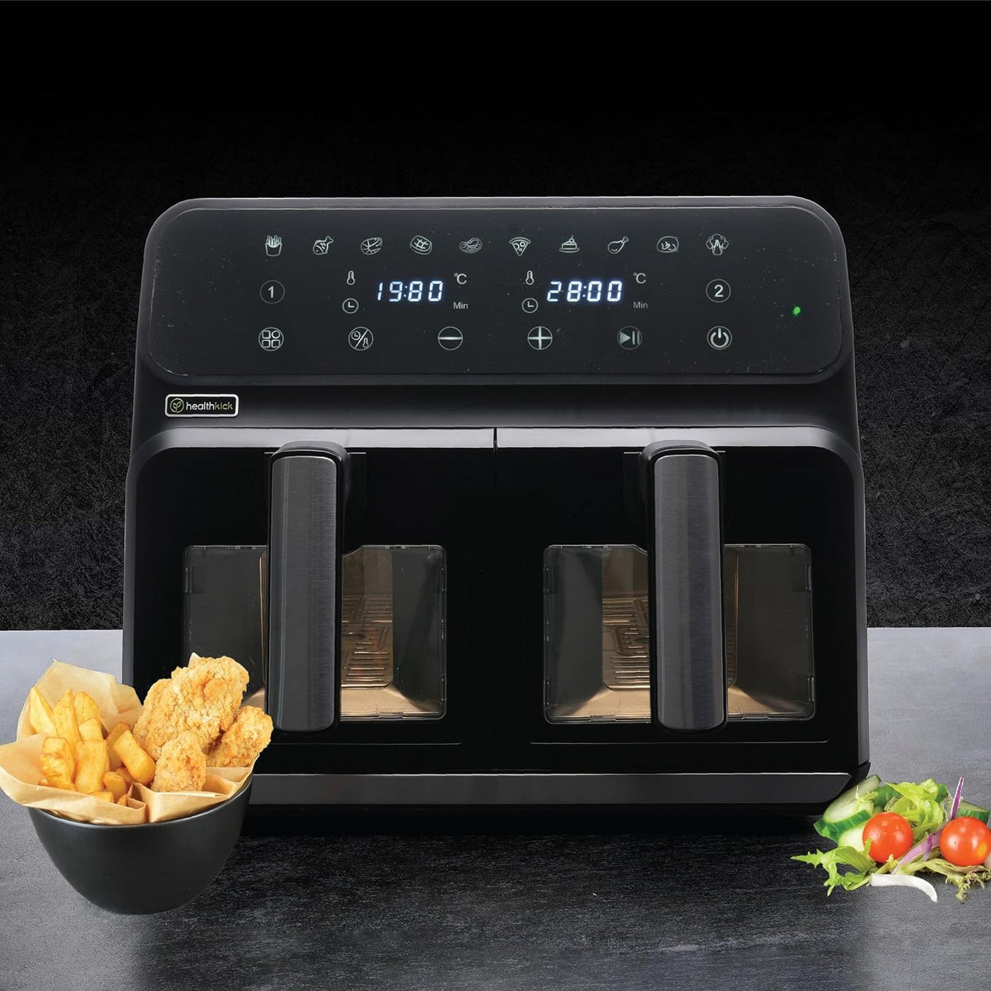 Friteuse à air double zone Health Kick 8L Digi-Touch avec fenêtre - Noir