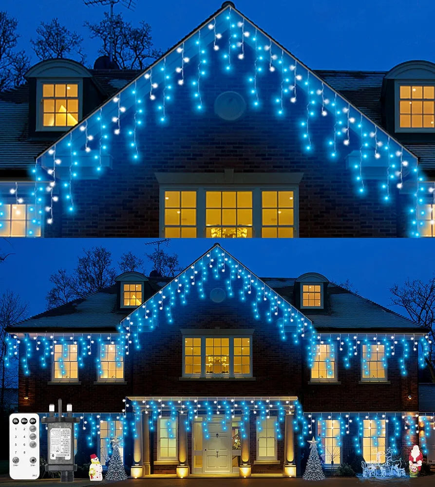 Icicle Outdoor Christmas Lights, 11.48M/57ft Christmas Decorations Lights Plug in,Blue White String Lights with IP44 Waterproof/Remote/8 Modes/Memory/Timer for Window Eaves Garden Outdoor Decor