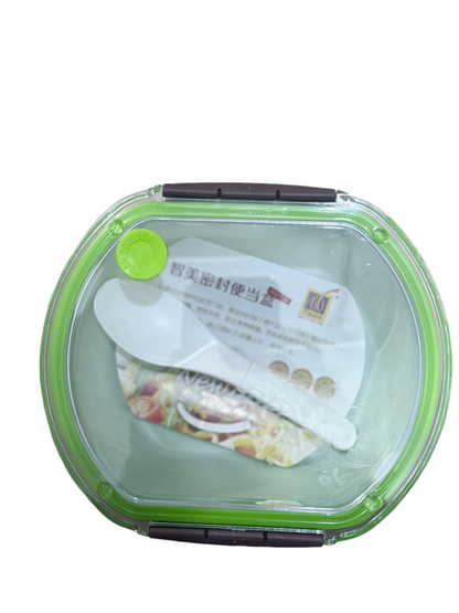 PLASTIC LUNCH BOX OVAL CONTAINER CLIP LID WITH CUTLERY GREEN, PINK, YELLOW