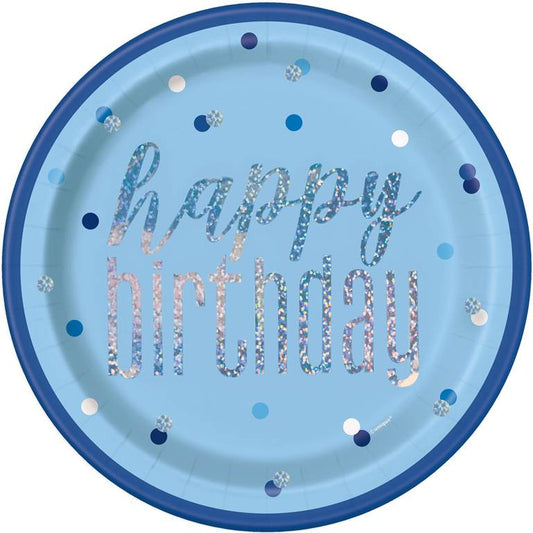 Bday Glitz Blue 9" Plt 8 Pack