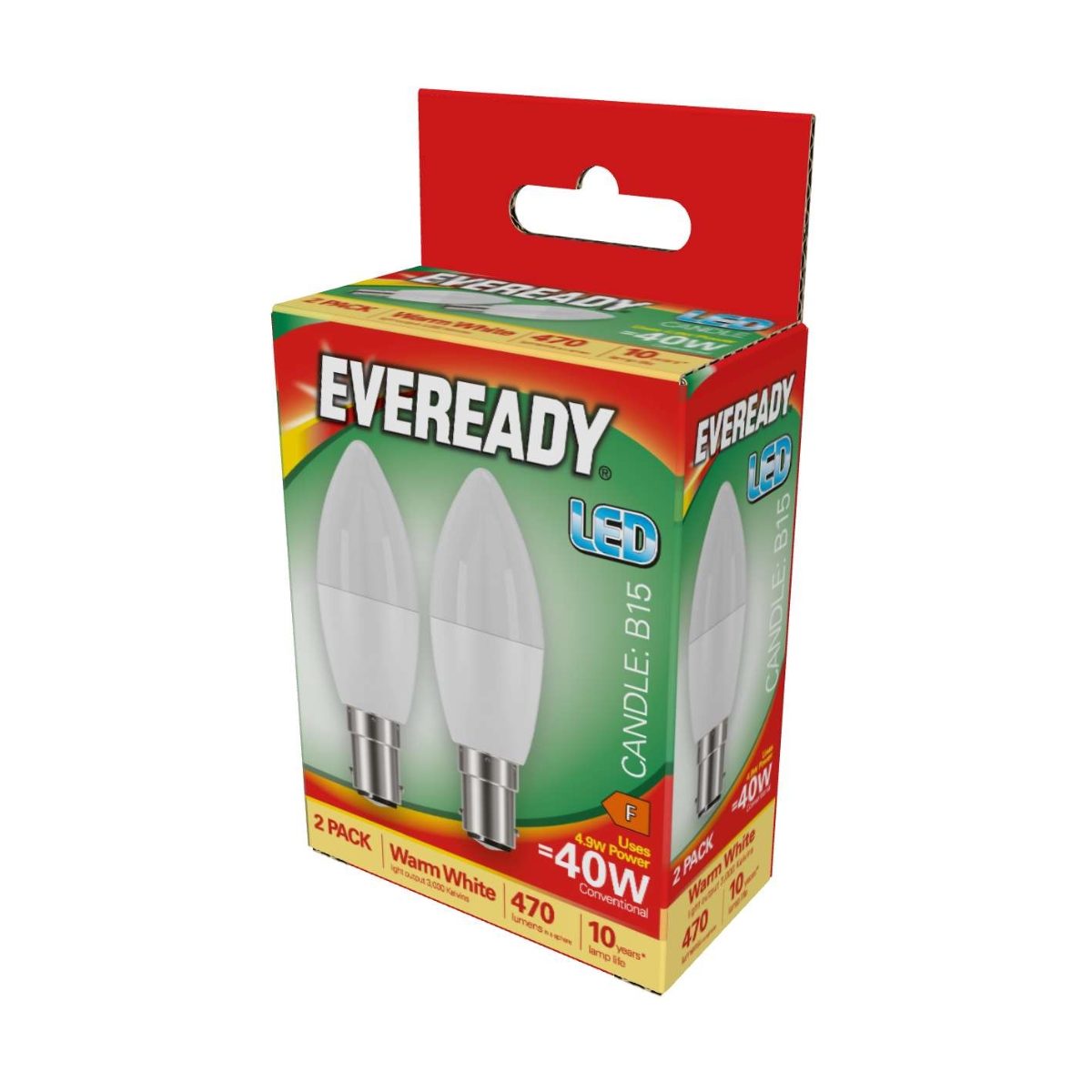 EVEREADY LED CANDLE BULB B15 5.2w=40w WARM WHITE 470LM 2 pack