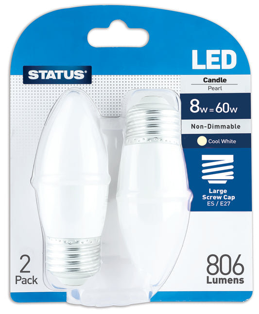 8w = 60w = 806 lumens - LED - Candle - ES - PA - Pearl - Cool White - 2 pk