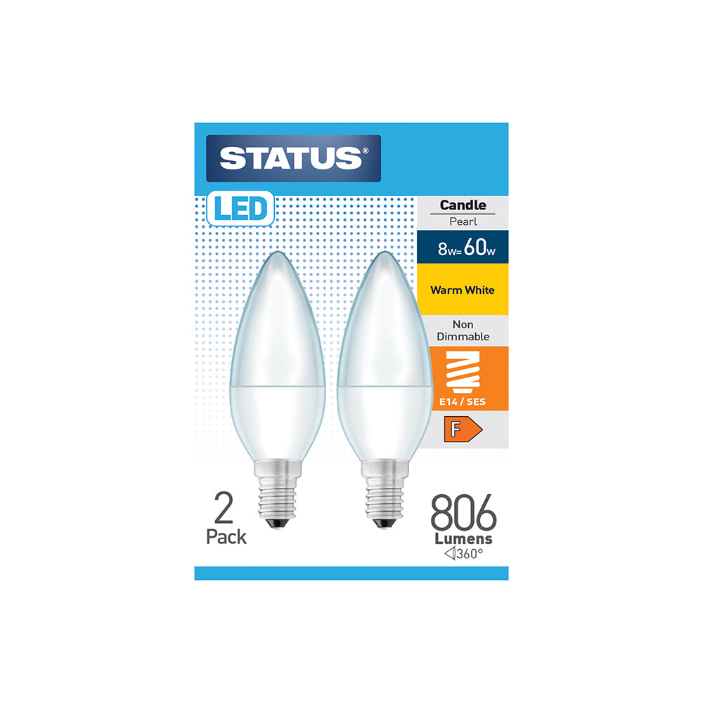 8w = 60w = 806 lumens - LED - Candle - E14 - PA - Pearl - Warm White - 2 pk box