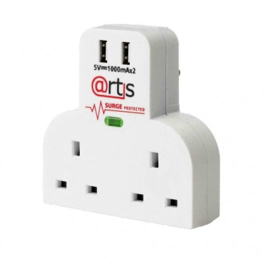 Surge Protected 2 Way Gang Socket Adaptor Dual USB Charge Port UK 3 Plug