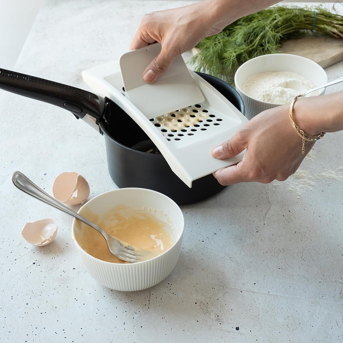 BranQ - Home essential Spaetzle Grater with Dough Scraper, BPA-Free Plastic, 1 Piece, Cream, 320 x 118 x 30 mm