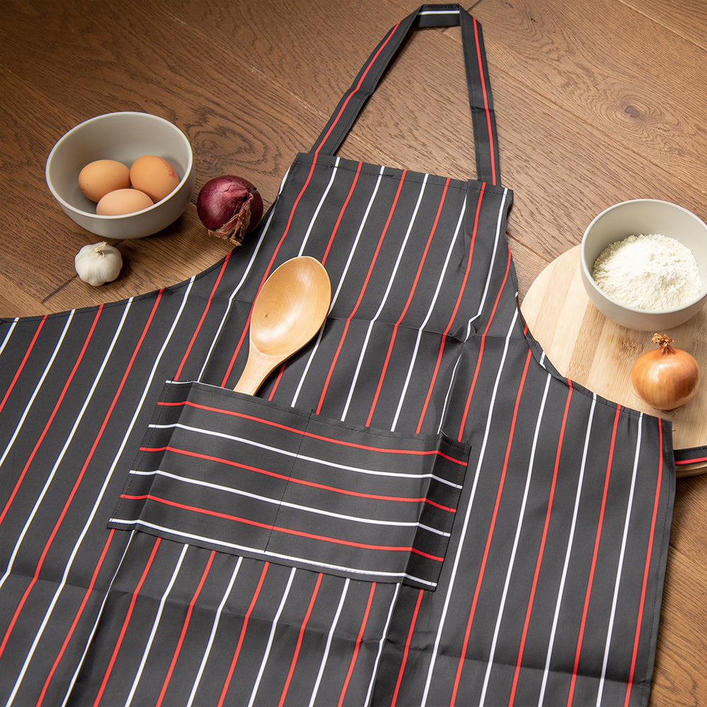 Tablier de cuisine rayé noir-rouge-blanc