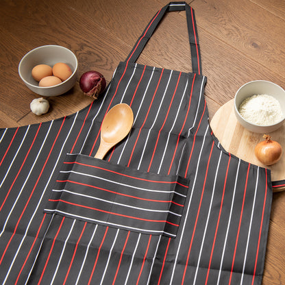 Tablier de cuisine rayé noir-rouge-blanc