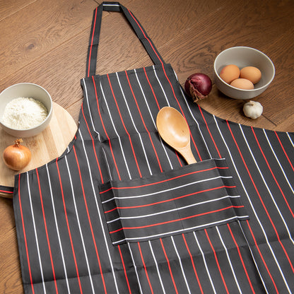 Tablier de cuisine rayé noir-rouge-blanc