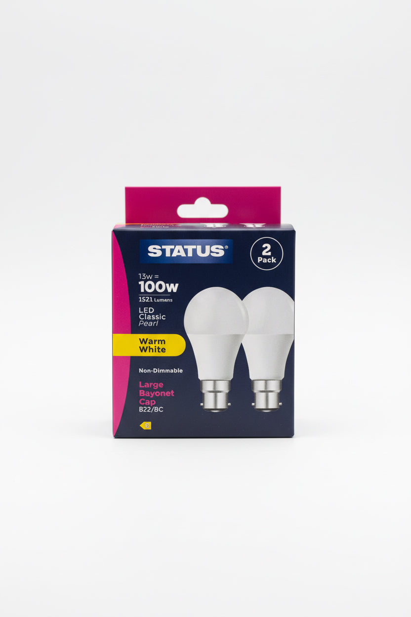 15w = 100w = 1520 lumens -LED - A60 GLS - B22 - PA - Pearl - Warm White - 2 pk box