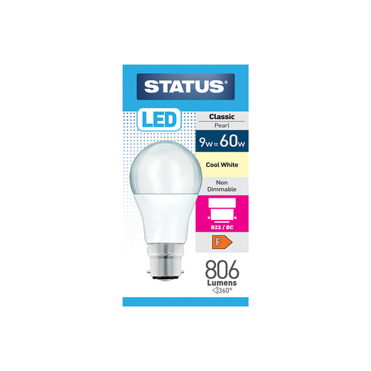 9w = 60w = 806 lumens - LED - A60 GLS - B22 - PA - Pearl - Cool White - 1 pk