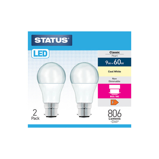 9w = 60w = 806 lumens - LED - A60 GLS - B22 - PA - Pearl - Cool White - 2 pk