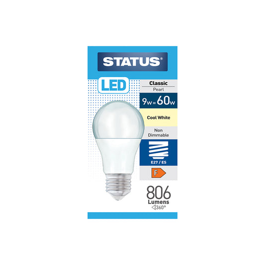 9w = 60w = 806 lumens -LED - A60 GLS - E27 - PA - Pearl - Cool White - 1 pk box