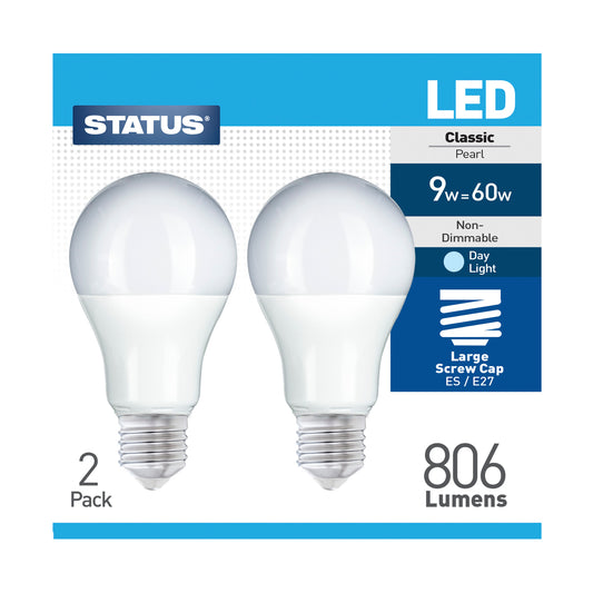 9w = 60w = 806 lumens -LED - A60 GLS - ES - PA - Pearl - Day Light - 2 pk box