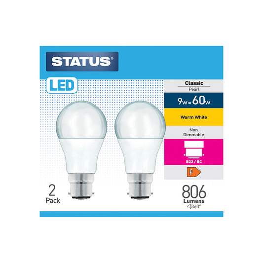 9w = 60w = 806 lumens - LED - A60 GLS - B22 - PA - Pearl - Warm White - 2 pk