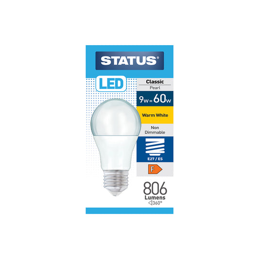 9w = 60w = 806 lumens -LED - A60 GLS - E27 - PA - Pearl - Warm White - 1 pk box