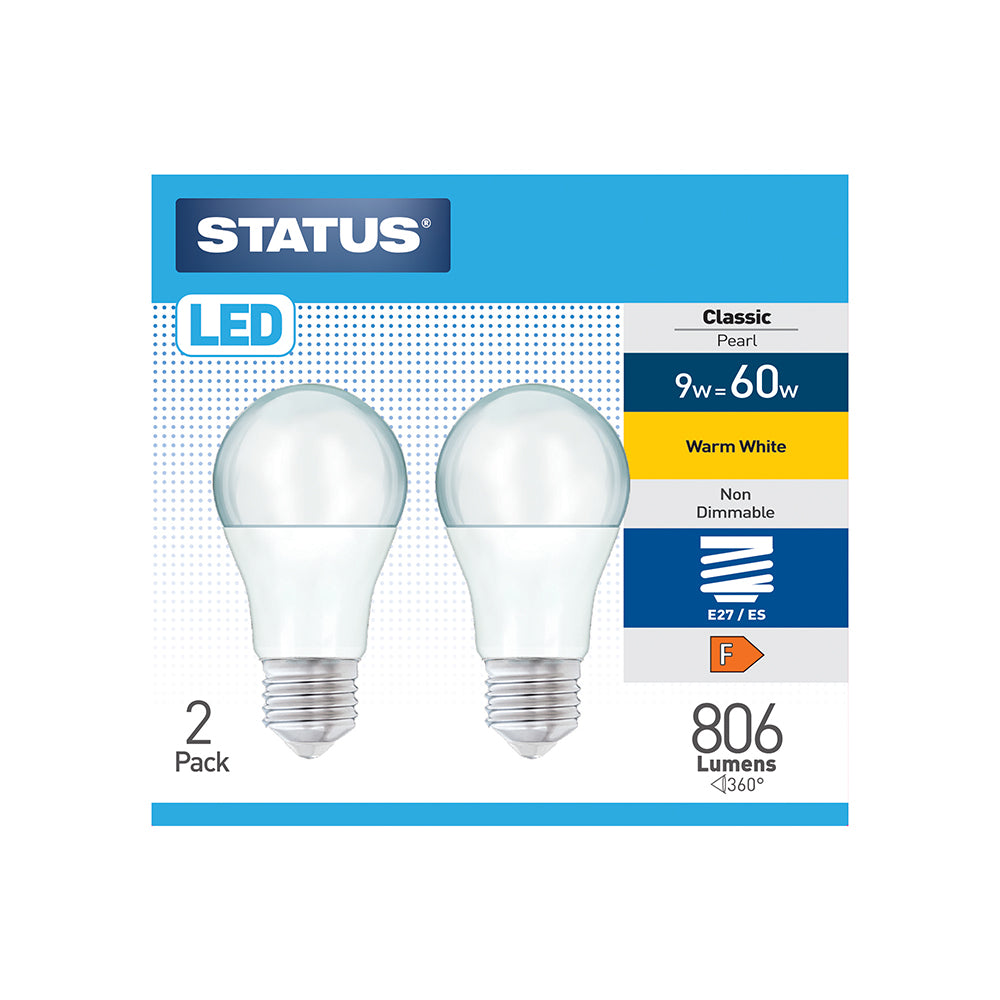 9w = 60w = 806 lumens- LED - A60 GLS - E27 - PA - Pearl - Warm White - 2 pk
