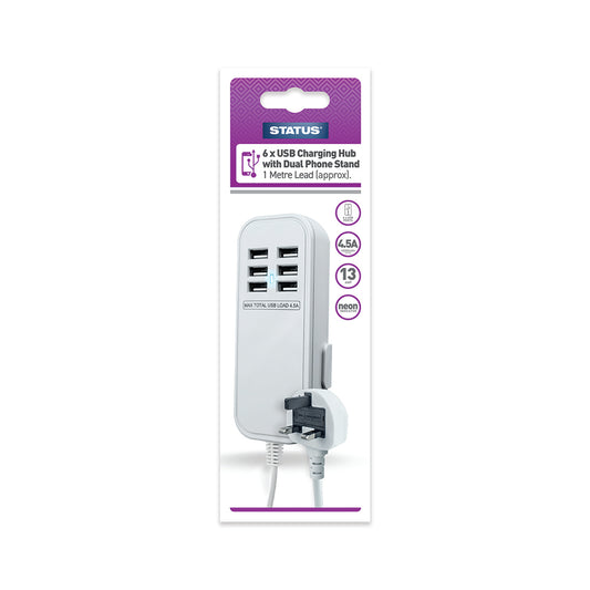 6 x USB Charging Hub - 6 x USB White (4.5 amp) - 1 Mtr Lead Approx - White - 1pk Box