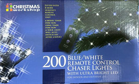 The Christmas Workshop 200 LED Lumières de Noël bleues/blanches avec télécommande et effet de chenille | Lumières intérieures/extérieures | 19,9 mètres | Noël/Mariages/Jardins