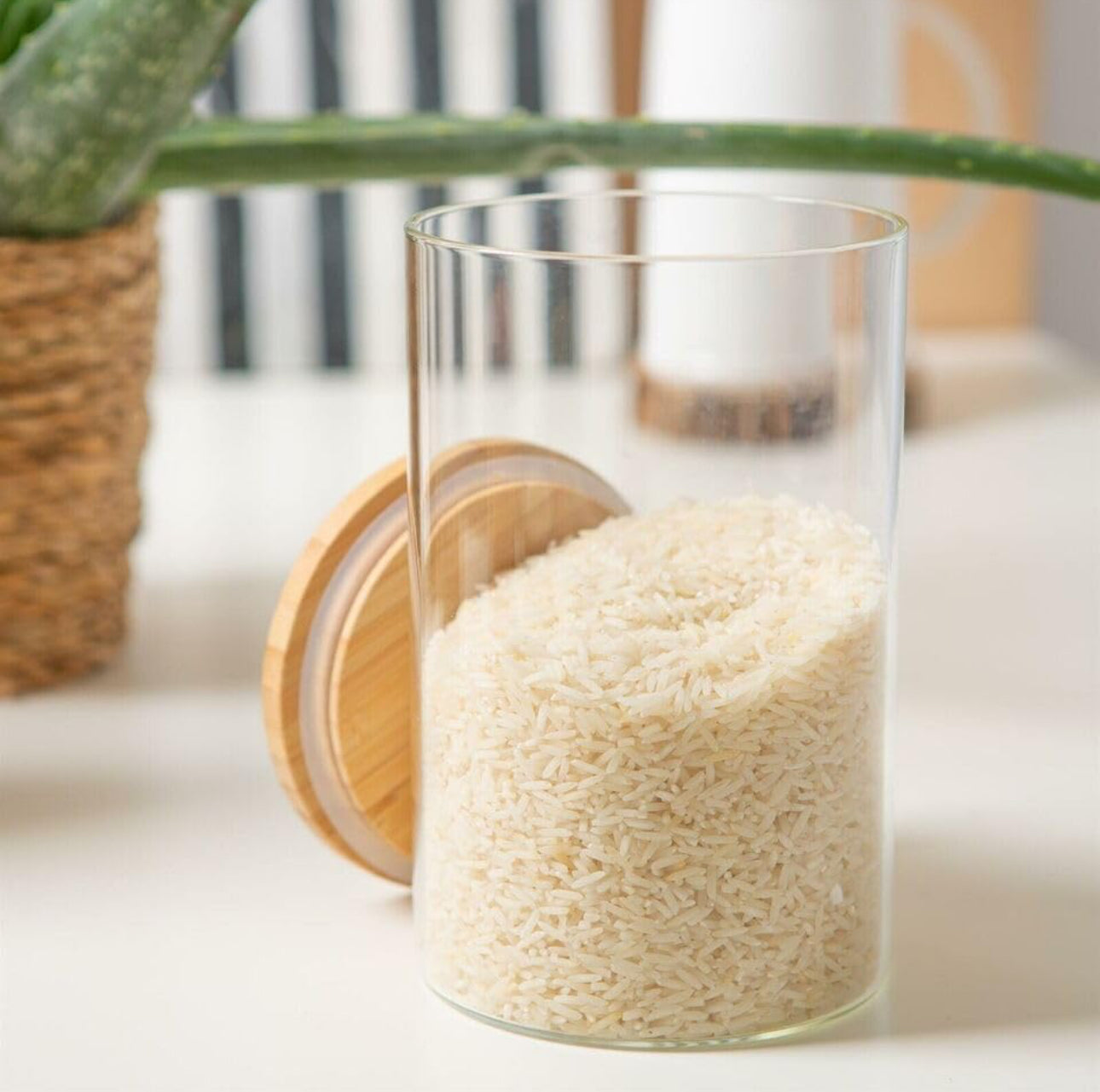 Bocaux de rangement transparents en verre borosilicaté | Couvercle en bambou | Pâtes, farine, céréales, riz, sucre, thé, grains de café | Hermétique