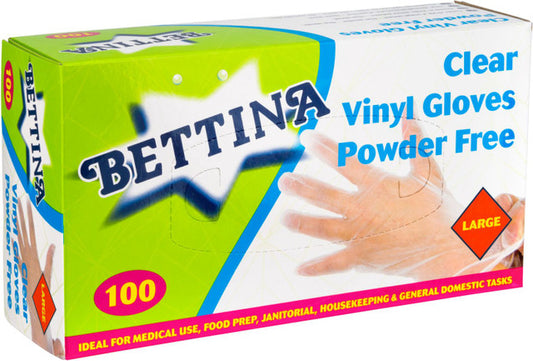 Bettina 100pc Clear Vinyl Gloves Powder Free LARGE