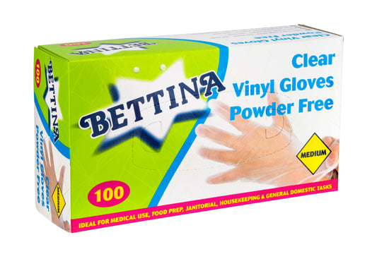 Bettina 100pc Clear Vinyl Gloves Powder Free MEDIUM