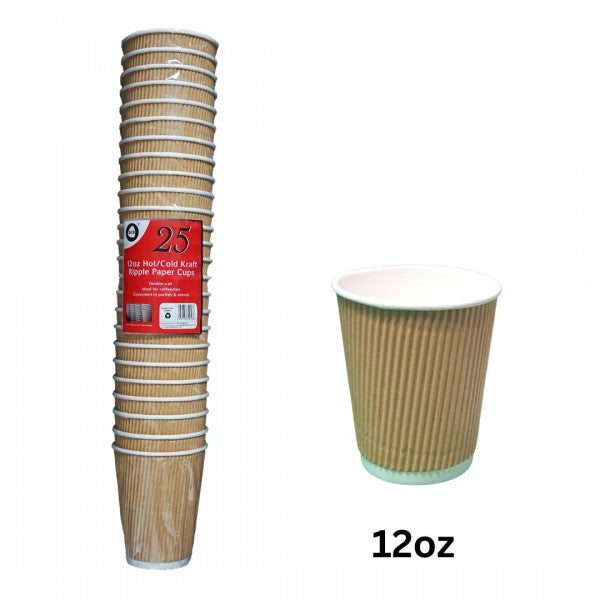 25PC 12OZ HOT/COLD KRAFT RIPPLE PAPER CUPS